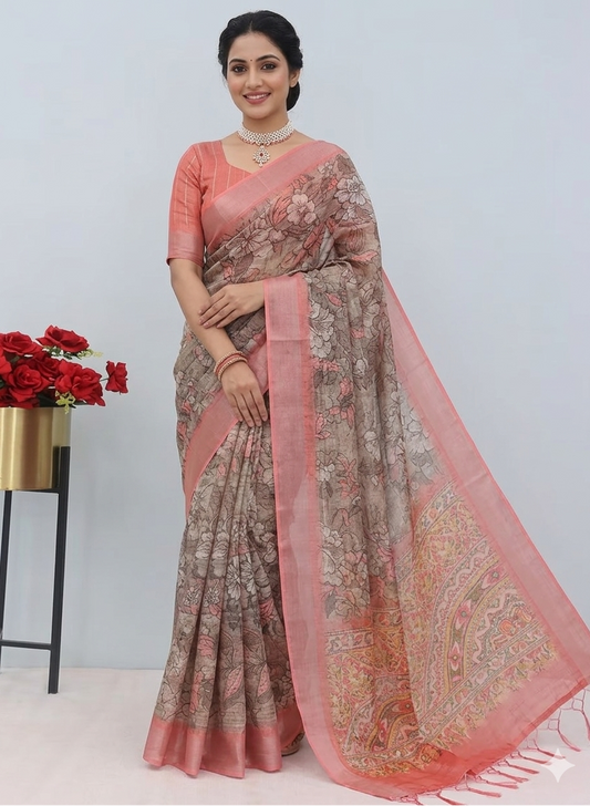 Earthy Rose Gold Floral Digital Print Cotton Linen Chanderi Saree – Sanskriti Saree