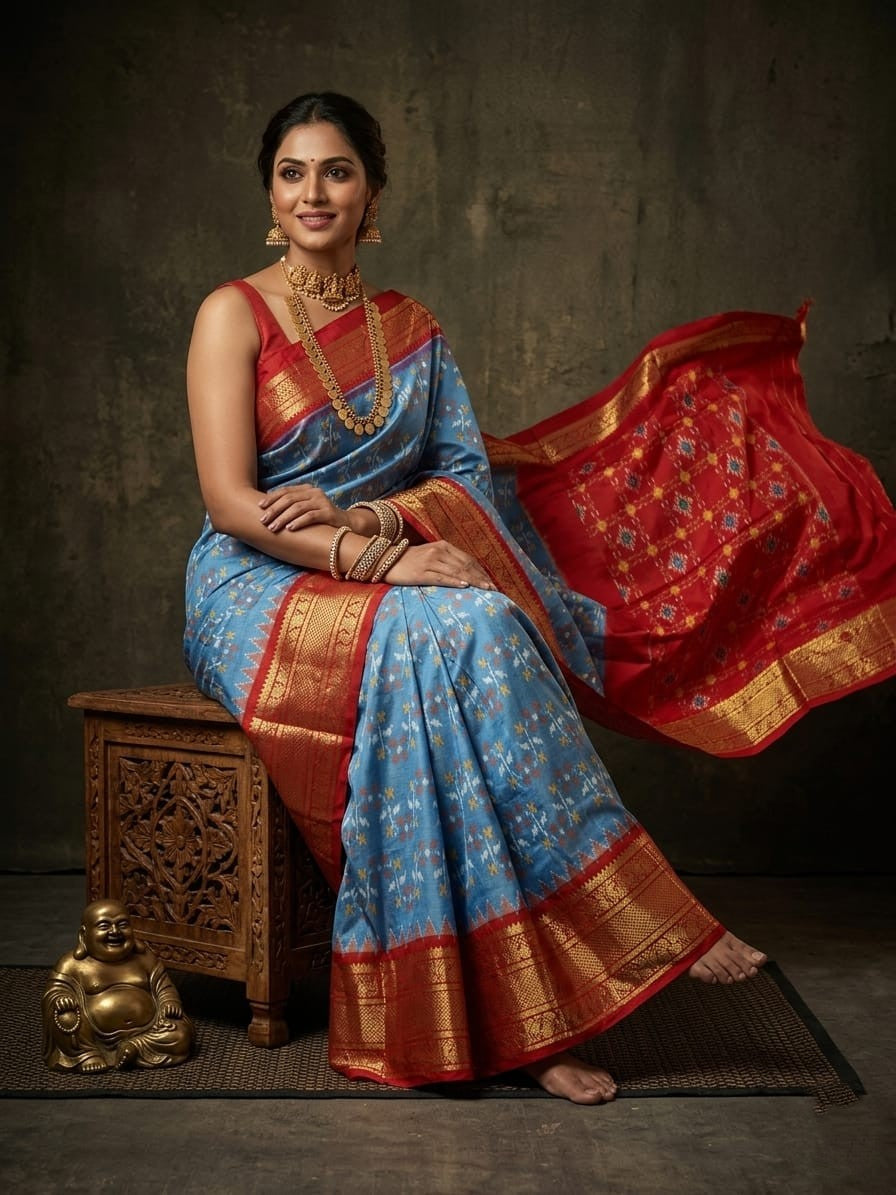 Light Blue Handloom Pattu Silk Saree with Red Luxury Zari Border | Premium Collection