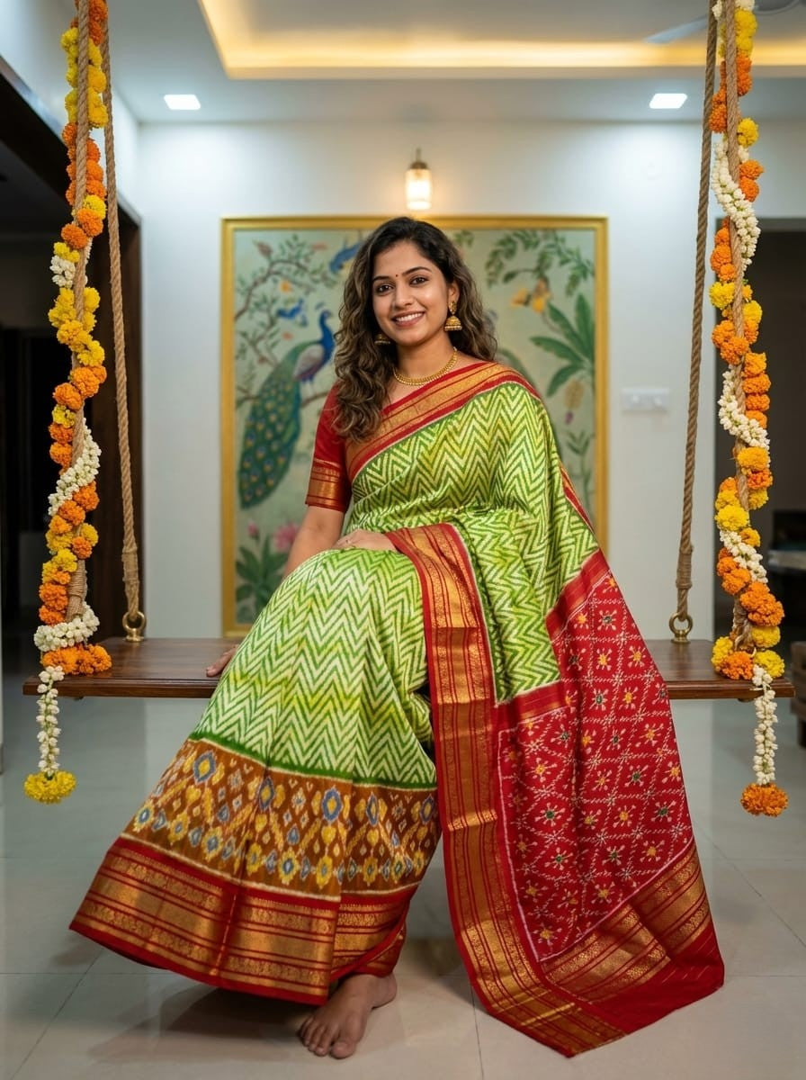 Light Green Handloom Pattu Silk Saree with Red Contrast Temple Border | Premium Collection