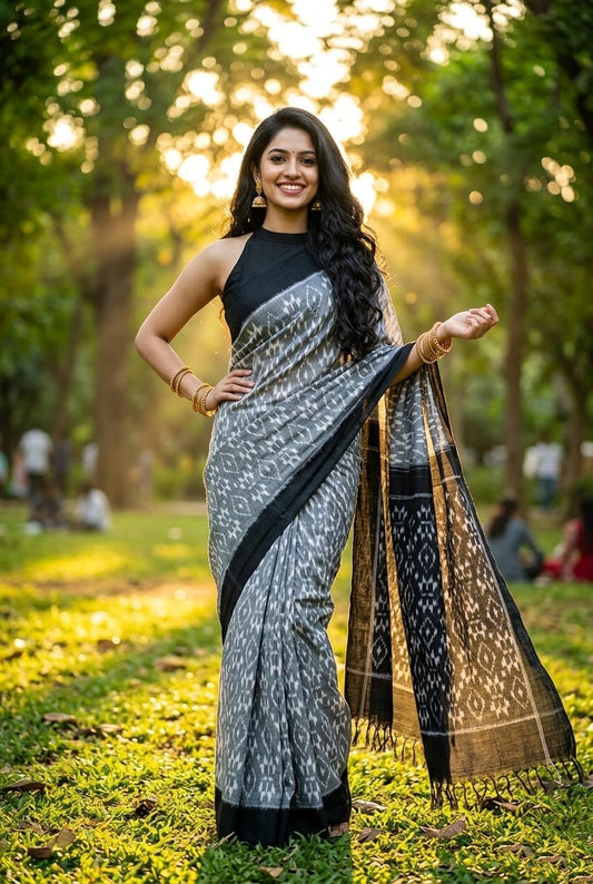 Light Silver Linen Saree with Black Striped Pallu | Office Wear Collection | Premium Collection