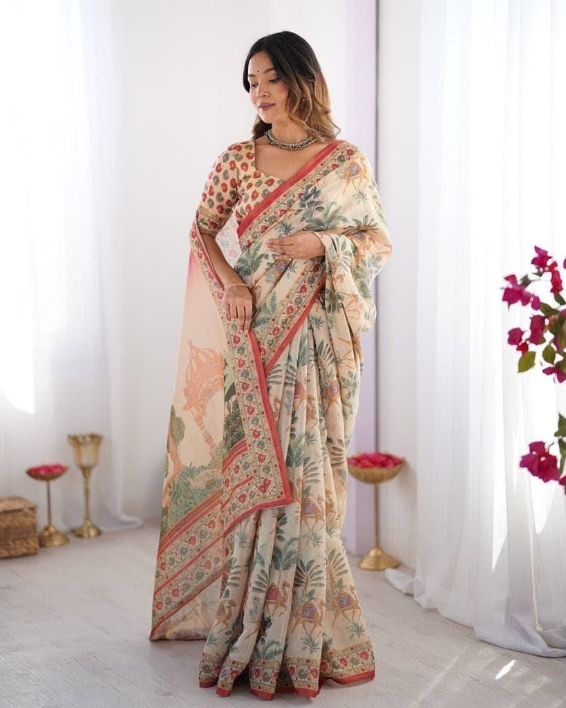 Linen Tissue Silk Saree with Pichwai Print