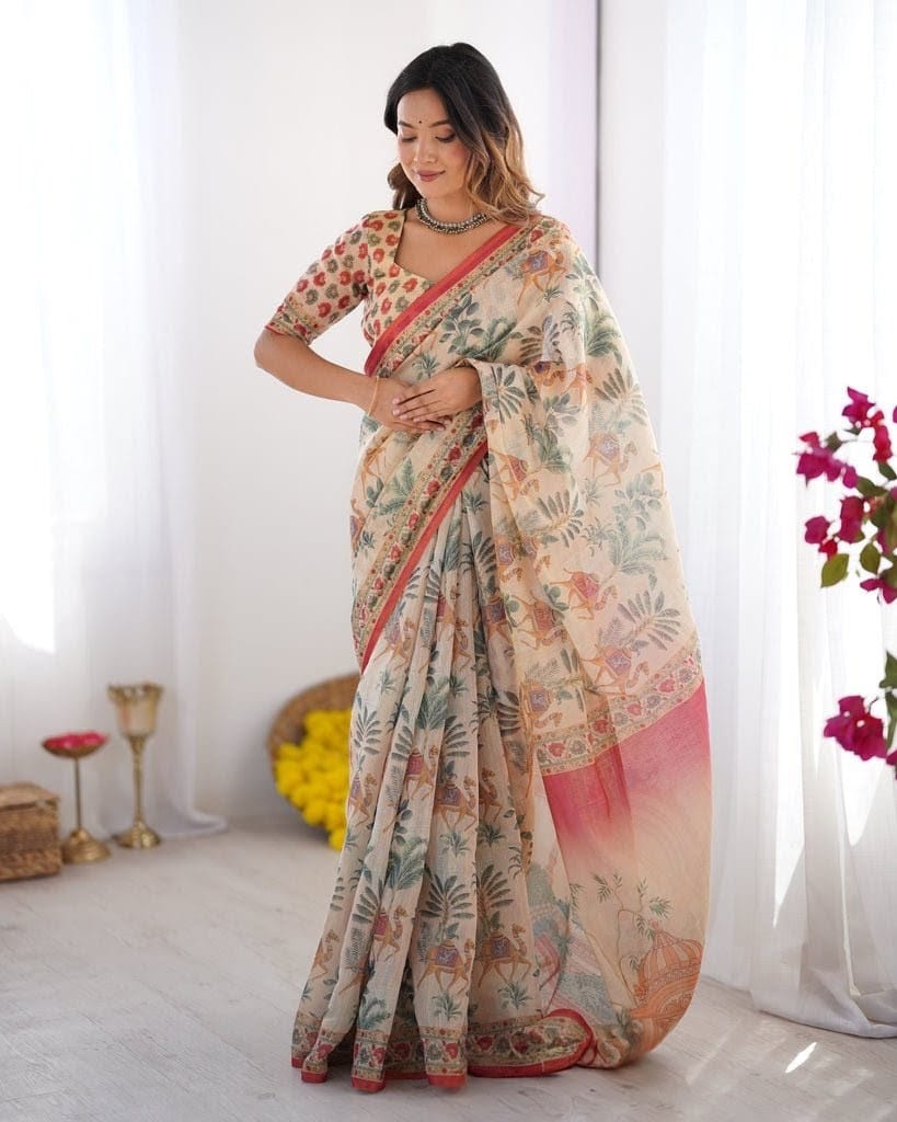 Linen Tissue Silk Saree with Pichwai Print