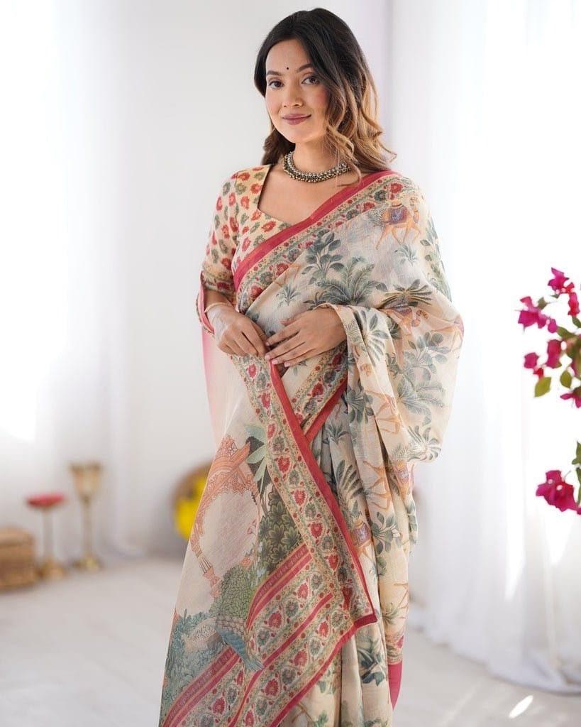 Linen Tissue Silk Saree with Pichwai Print