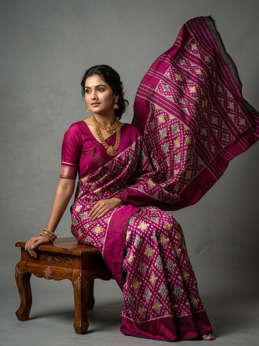 Magenta Barista Soft Silks Saree with Gold Ethnic Motif Weaving | Premium Collection