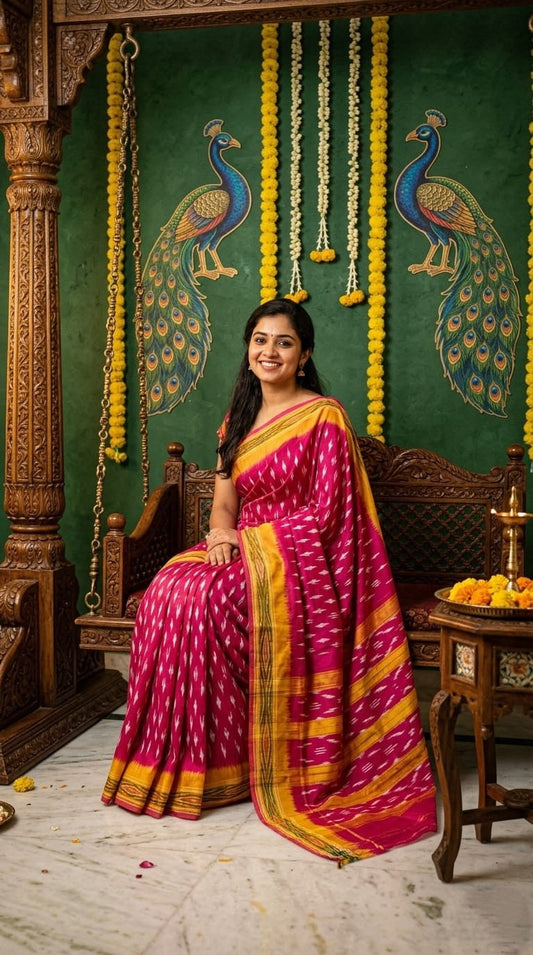 Magenta Barista Soft Silks Saree with Mustard Ethnic Woven Pallu | Premium Collection