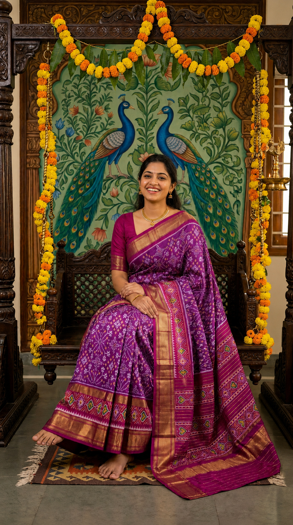 Magenta Bentex Handloom Silk Saree with Gold Zari Border and Peacock Design | Premium Collection