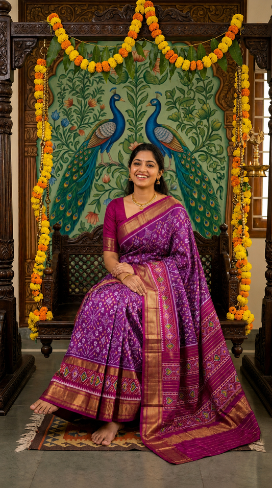 Magenta Bentex Handloom Silk Saree with Gold Zari Border and Peacock Design | Premium Collection