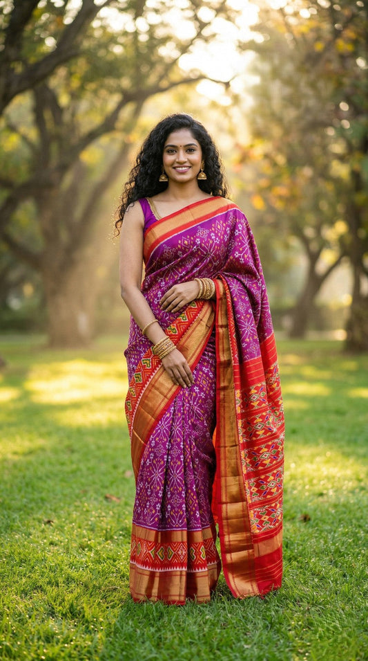Magenta Bentex Handloom Silk Saree with Orange Traditional Weaving | Premium Collection