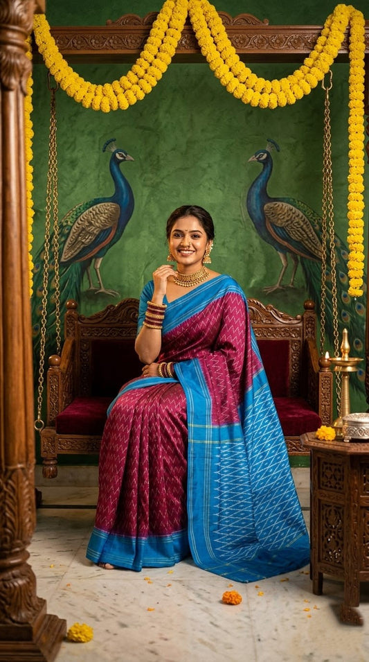 Magenta and Sky Blue Barista Soft Silks Saree with Contrast Designer Border | Premium Collection
