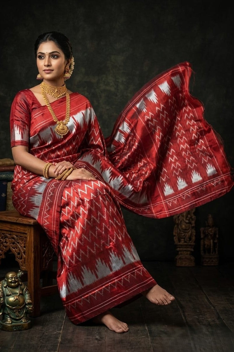 Maroon Barista Soft Silks Saree with Rich Ikat Style Weaving | Premium Collection