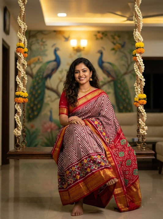 Maroon Handloom Pattu Silk Saree with Orange Rich Temple Weaving | Premium Collection