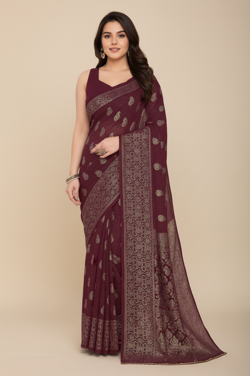 Maroon Gold Foil Printed Georgette Party Wear Saree with Zari Border and Paisley Butti – Sanskriti Saree