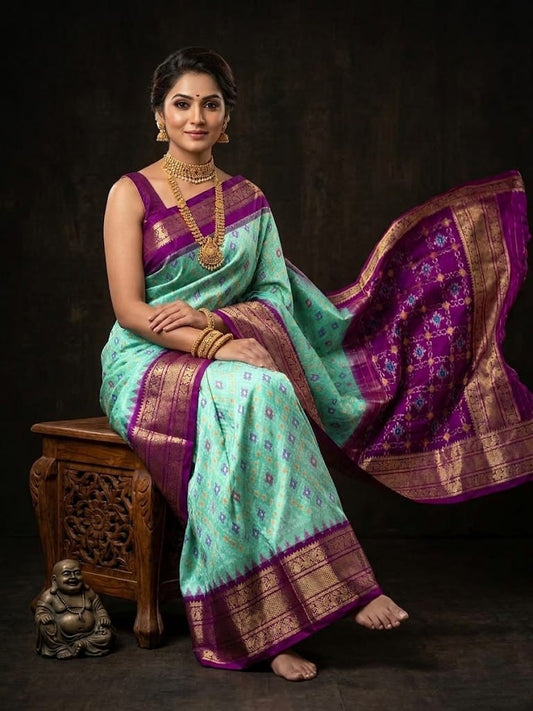 Mint Green Handloom Pattu Silk Saree with Purple Royal Designer Pallu | Premium Collection