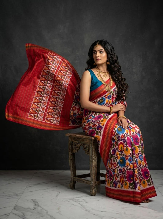 Multicolor Barista Soft Silks Saree with Red Ethnic Pallu | Premium Collection
