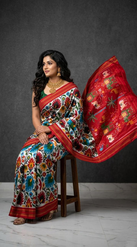 Multicolor Barista Soft Silks Saree with Red Floral Designer Pallu | Premium Collection