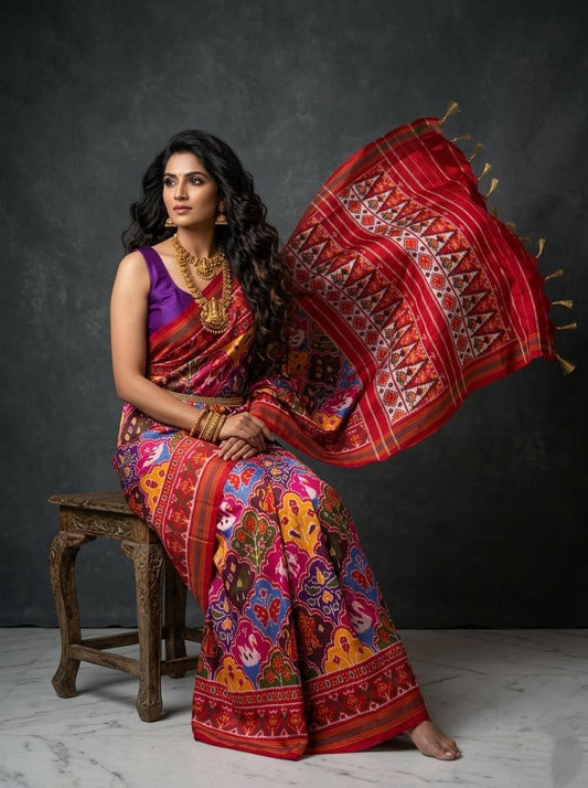 Multicolor Barista Soft Silks Saree with Red Traditional Ethnic Print | Premium Collection