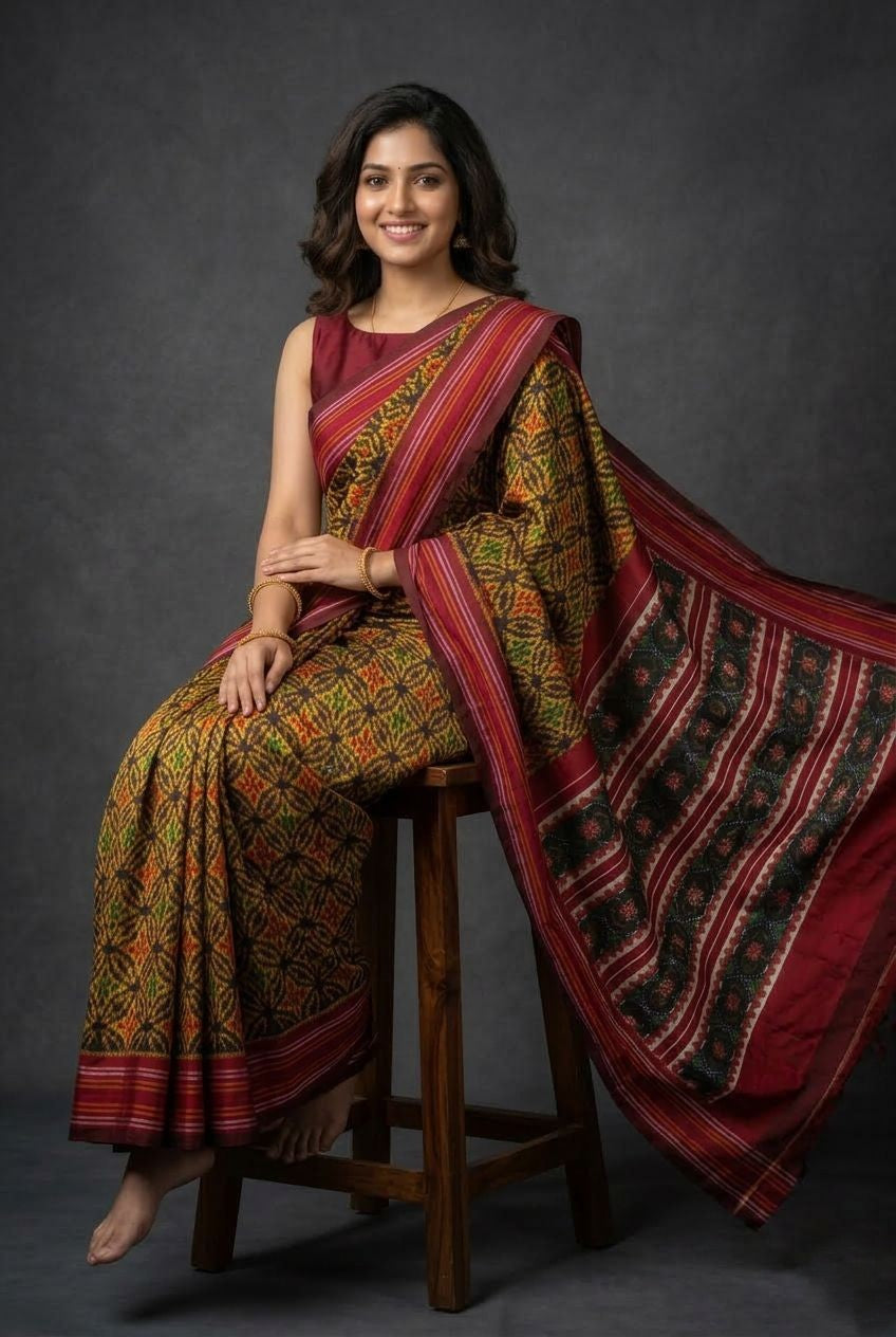 Multicolor Barista Soft Silks Saree with Red Traditional Ikat Weaving | Premium Collection