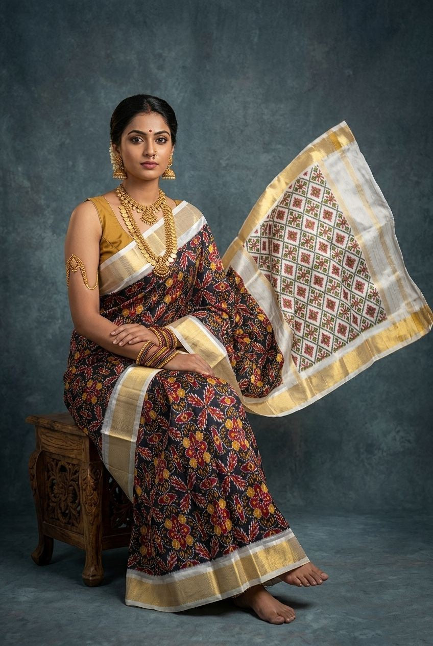 Multicolor Bentex Handloom Silk Saree with Beige Traditional Printed Pallu | Premium Collection