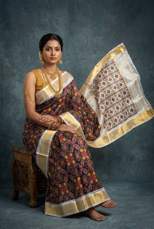Multicolor Bentex Handloom Silk Saree with Beige Traditional Printed Pallu | Premium Collection