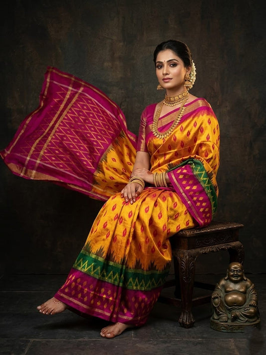 Mustard Yellow Barista Soft Silks Saree with Pink Contrast Designer Border | Premium Collection