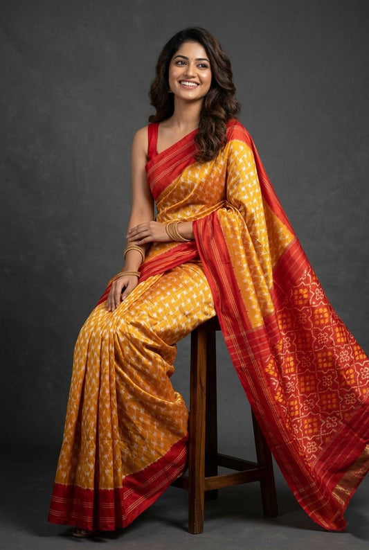 Mustard Yellow Barista Soft Silks Saree with Red Artistic Designer Pallu | Premium Collection
