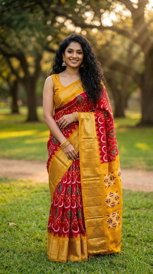 Mustard Yellow Bentex Handloom Silk Saree with Pink Festive Zari Pallu | Premium Collection