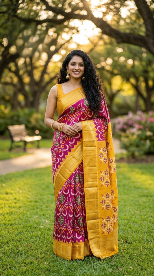 Mustard Yellow Bentex Handloom Silk Saree with Pink Traditional Woven Pallu | Premium Collection