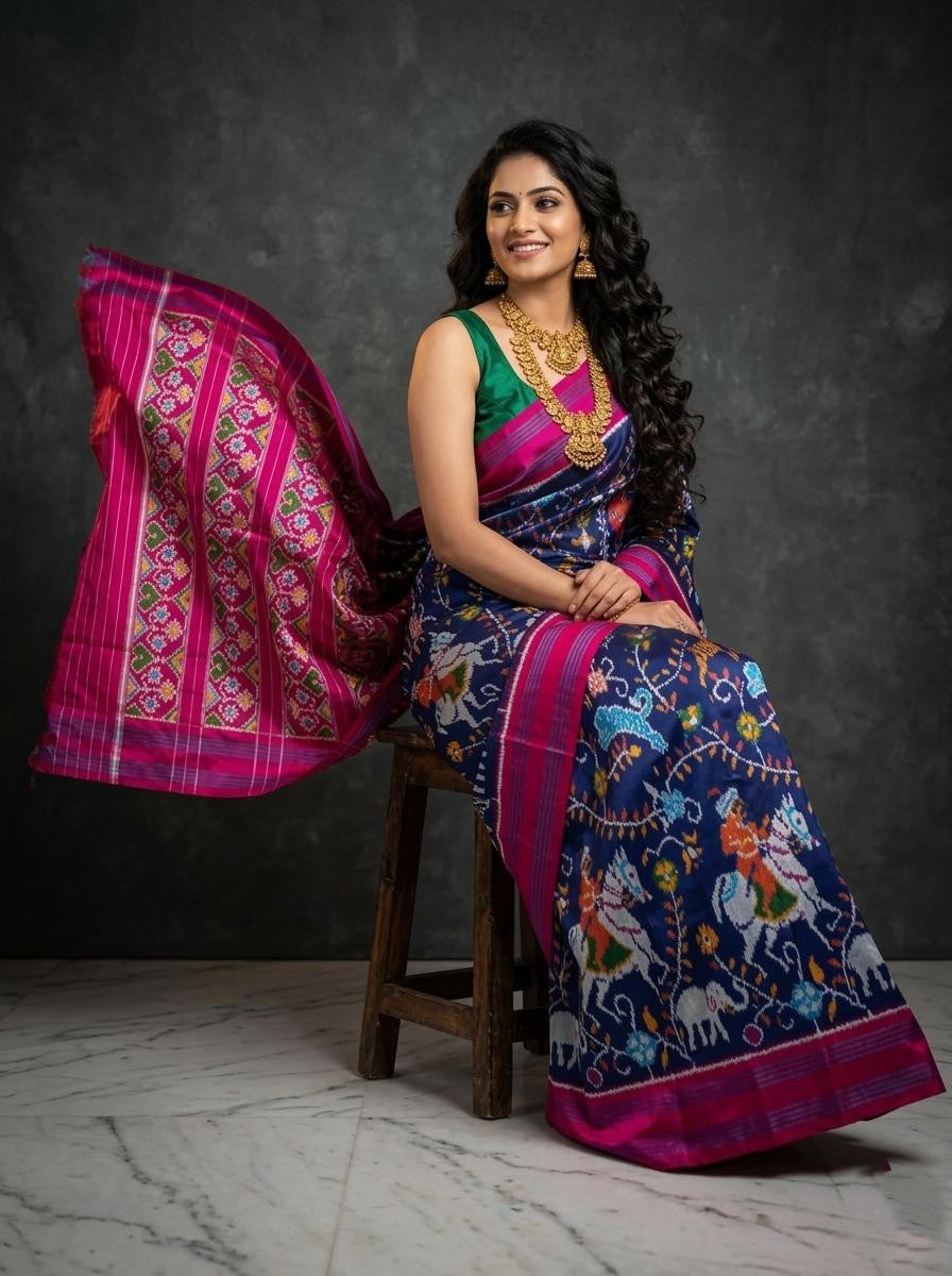 Navy Blue Barista Soft Silks Saree with Pink Floral Artistic Weaving | Premium Collection