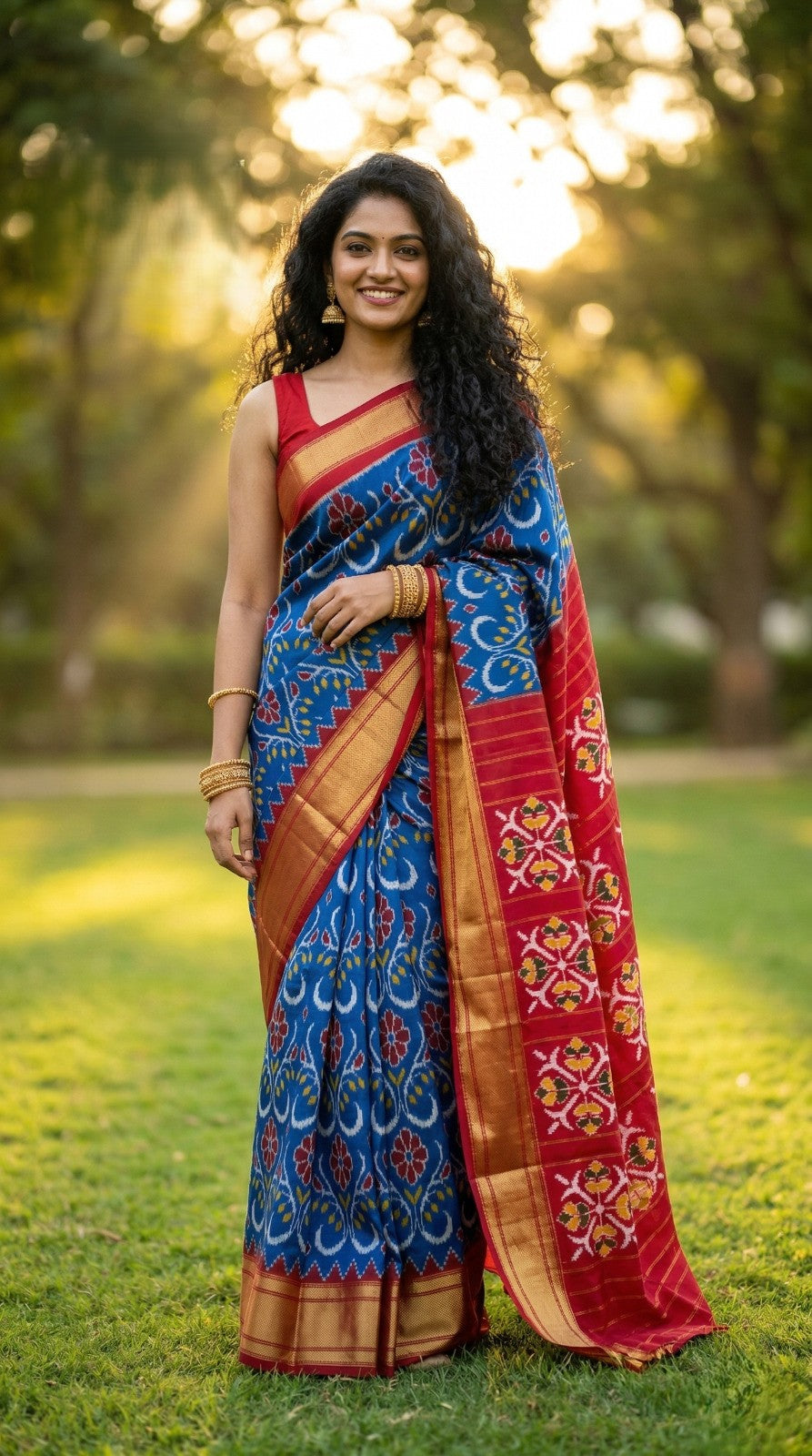 Navy Blue Bentex Handloom Silk Saree with Red Traditional Woven Pallu | Premium Collection
