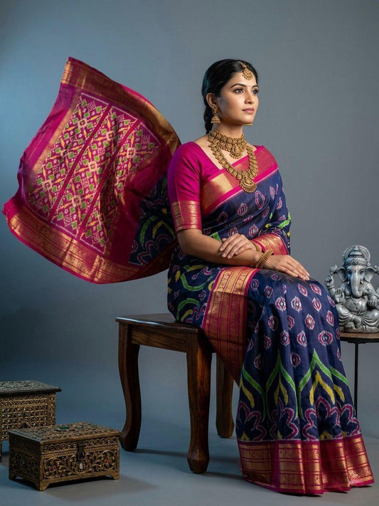 Navy Blue Handloom Pattu Silk Saree with Pink Traditional Woven Pallu | Premium Collection