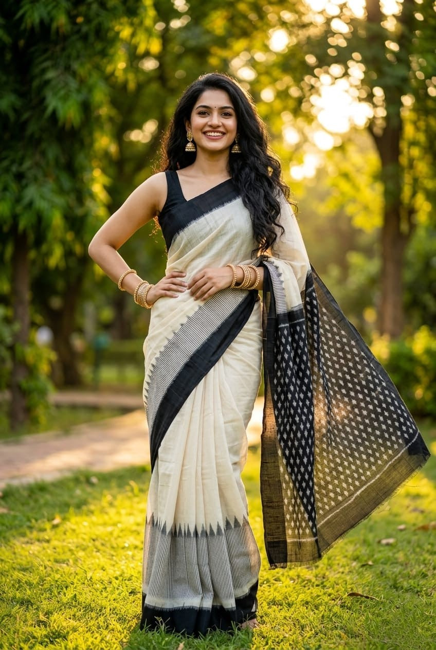 Off-White Linen Saree with Black Zari Dots | Minimalist Classic Festive Saree | Premium Collection