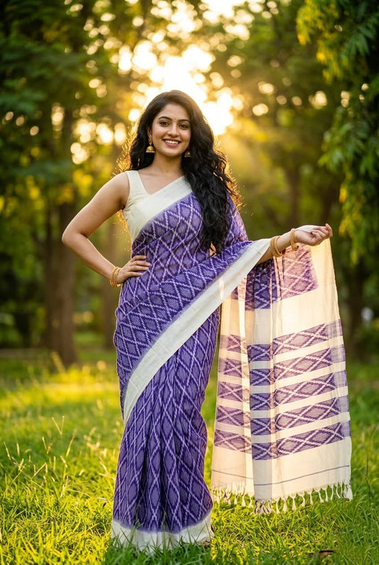 Off-White Linen Saree with Purple Print and Cream Pallu | Pastel Festive Wear | Premium Collection