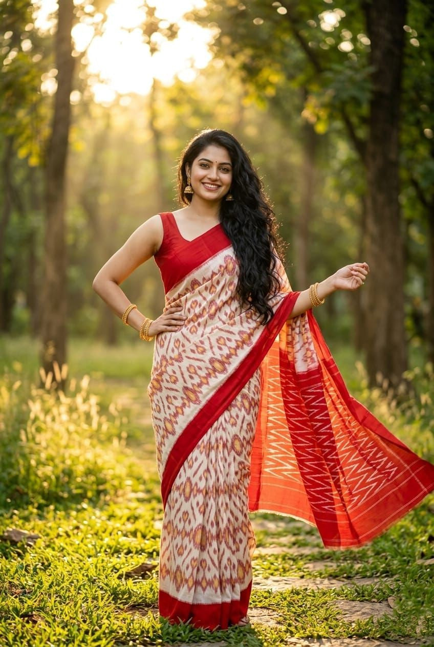 Off-White Printed Linen Saree with Red Border | Traditional Festive Drape | Premium Collection