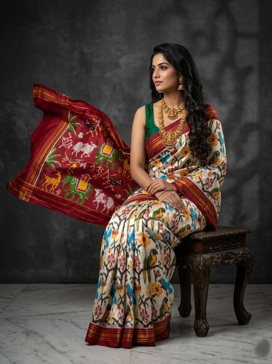 Off White Barista Soft Silks Saree with Multicolor Floral Printed Pallu | Premium Collection