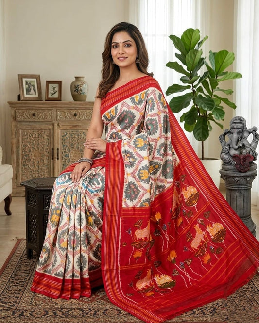 Off White Barista Soft Silks Saree with Red Traditional Artistic Print | Premium Collection