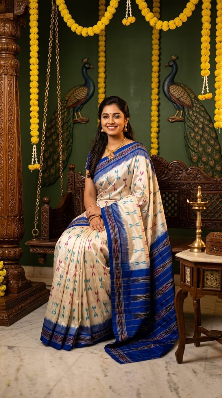 Off White Barista Soft Silks Saree with Royal Blue Traditional Border | Premium Collection 2