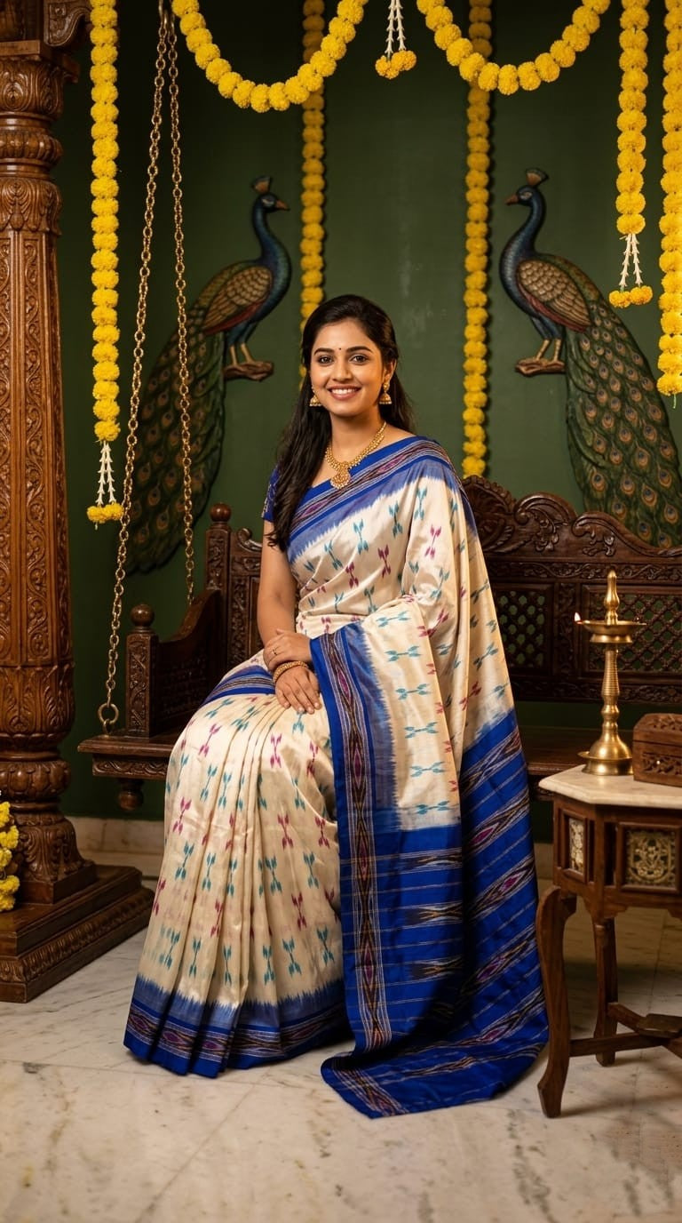 Off White Barista Soft Silks Saree with Royal Blue Traditional Border | Premium Collection
