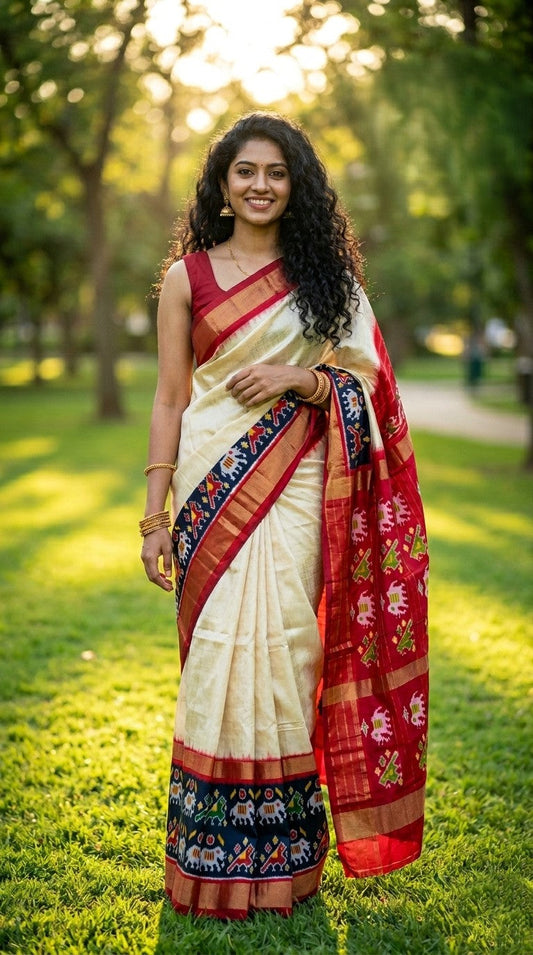 Off White Bentex Handloom Silk Saree with Red Traditional Zari Pallu | Premium Collection