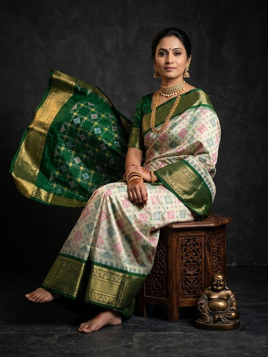 Off White Handloom Pattu Silk Saree with Green Traditional Temple Border | Premium Collection