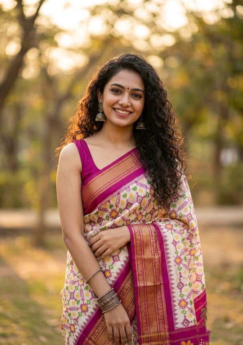 Off White Handloom Pattu Silk Saree with Pink Floral Ethnic Border | Premium Collection
