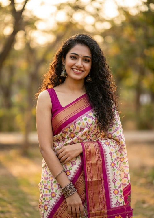 Off White Handloom Pattu Silk Saree with Pink Floral Ethnic Border | Premium Collection