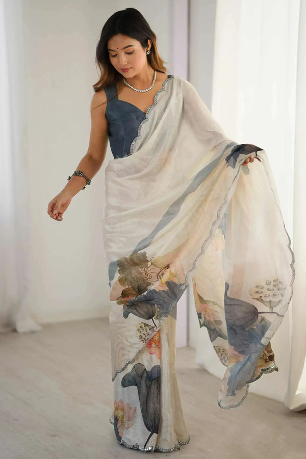 Pure Linen Silk Saree with Traditional Digital Print Pallu and Zari Border with Matching Blouse – rashmiwala