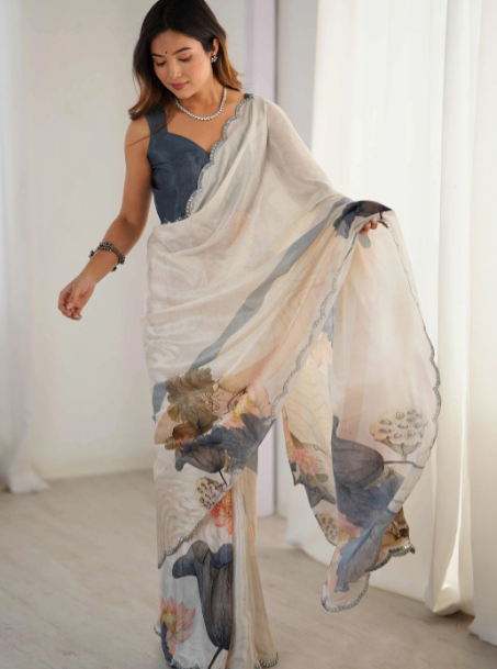Off-White & Blue Floral Print Art Silk with Mirror Work Saree