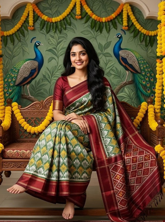 Olive Green Barista Soft Silks Saree with Maroon Traditional Border | Premium Collection