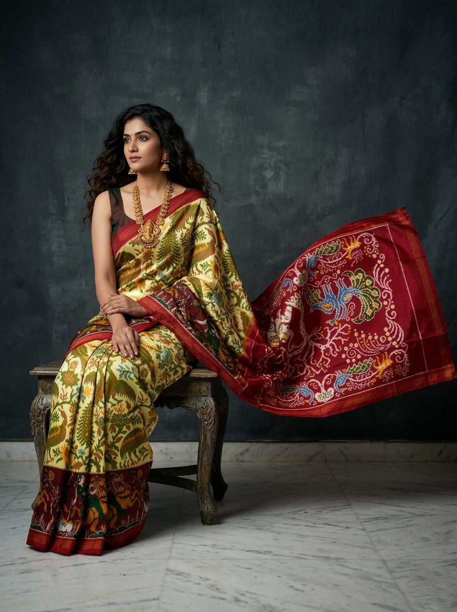 Olive Green Barista Soft Silks Saree with Red Traditional Floral Border | Premium Collection