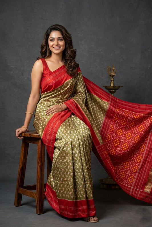 Olive Green Barista Soft Silks Saree with Red Traditional Zari Border | Premium Collection