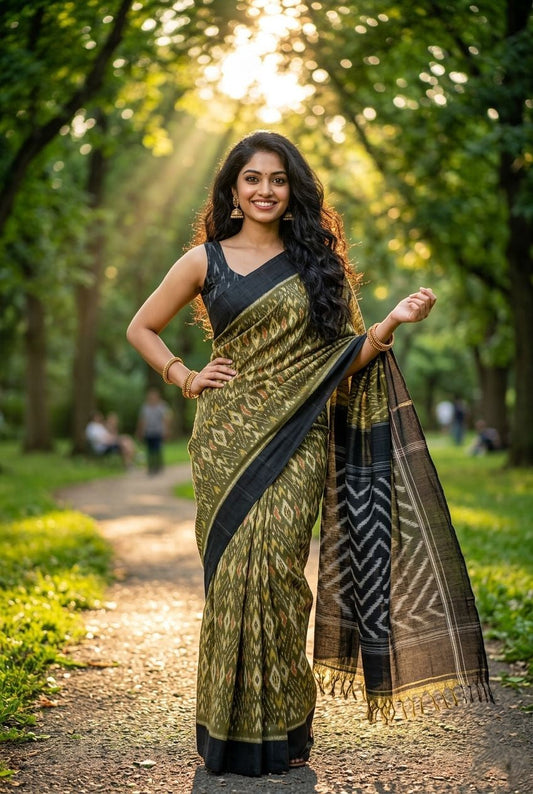 Olive Green Linen Saree with Black Zari Border | Handloom Casual Drape | Premium Collection