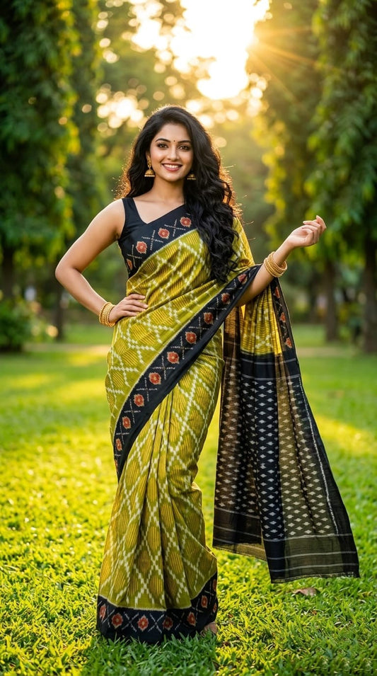 Olive and Black Printed Linen Saree with Zari Border | Premium Handloom Saree | Premium Collection