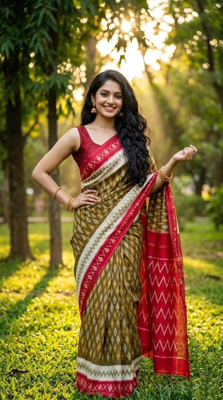 Olive and Red Geometric Linen Saree with Red Pallu | Bold Handloom Collection | Premium Collection