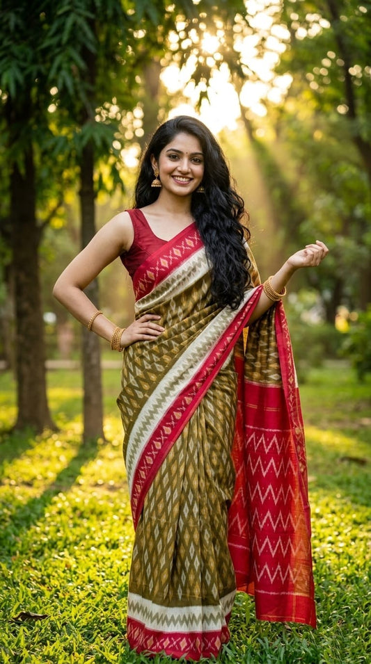 Olive and Red Geometric Linen Saree with Red Pallu | Bold Handloom Collection | Premium Collection